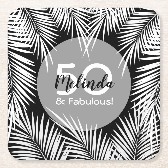 Dessous-de-verre Carré En Papier Palmes blanches sur l'Anniversaire Tropical Noir (Devant)