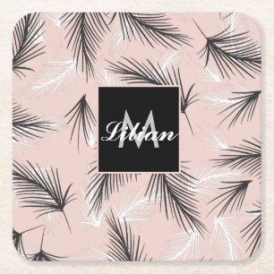 Dessous-de-verre Carré En Papier Palmiers Noir Blanc Tons Terreux Monogrammé Rose