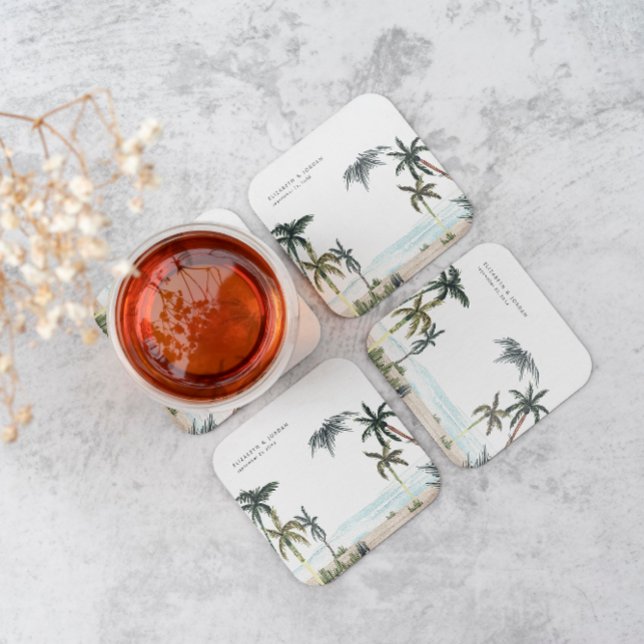 Dessous-de-verre Carré En Papier Palmiers tropicaux Mariage de sable de plage Monog (Créateur téléchargé)