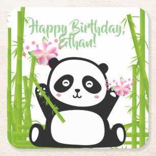 Dessous-de-verre Carré En Papier Panda heureux avec bambou et fleurs de cerisiers