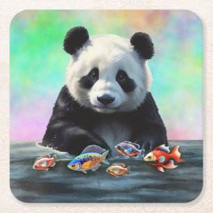 Dessous-de-verre Carré En Papier Panda regarde des poissons colorés nageant