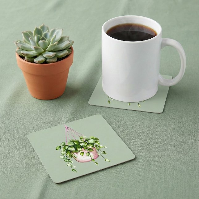 Dessous-de-verre Carré En Papier Panier suspendu Vert aquarelle (Hanging Basket Greenery Watercolor Square Paper Coaster.)