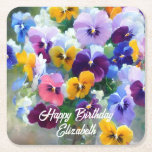Dessous-de-verre Carré En Papier Pansies Joyeux anniversaire<br><div class="desc">Cet article présente une belle peinture à l'huile d'un bouquet de panneaux</div>