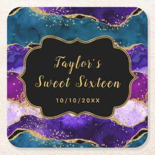 Dessous-de-verre Carré En Papier Paon Agate Violet et Bleu Sweet Sixteen
