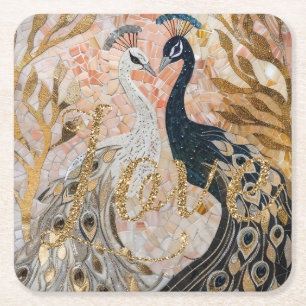 Dessous-de-verre Carré En Papier Paons Or Paillettes Amour Rouge Rose 