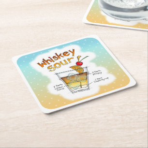 DESSOUS-DE-VERRE CARRÉ EN PAPIER PAPER COASTERS - RECETTE COCKTAIL WHISKEY SOUR ART