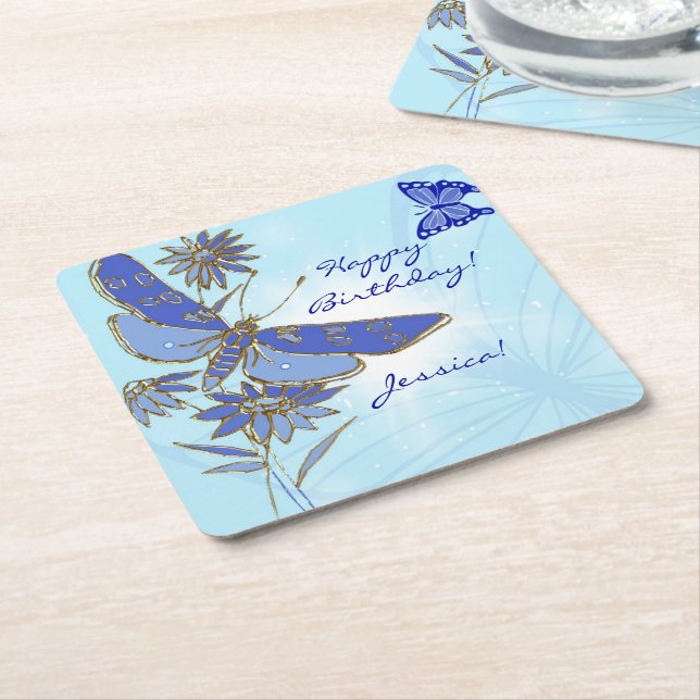 Dessous-de-verre Carré En Papier Papillon Bleu (Incliné)