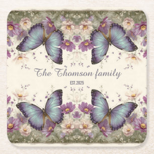Dessous-de-verre Carré En Papier Papillon bleu vintage et floral pour la famille