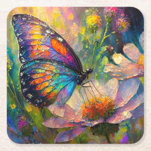 Dessous-de-verre Carré En Papier Papillon Coloré et Fleurs Sauvages au Lever du Sol