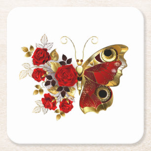 Dessous-de-verre Carré En Papier Papillon de fleurs rouges aux roses rouges