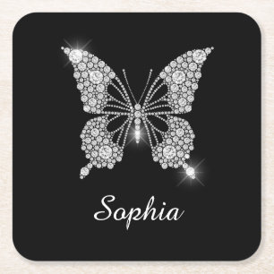 Dessous-de-verre Carré En Papier Papillon Diamant Blanc, nom en script DIY, Noir