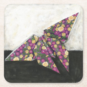 Dessous-de-verre Carré En Papier Papillon d'origami sur le papier floral