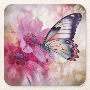 Dessous-de-verre Carré En Papier Papillon Dreamy aux fleurs roses