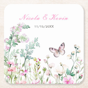 Dessous-de-verre Carré En Papier Papillon floral vert de printemps Mariage