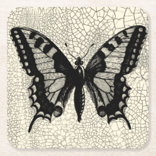 Dessous-de-verre Carré En Papier Papillon noir et blanc sur l'arrière - plan criqué