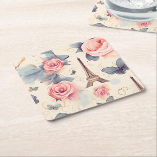 Dessous-de-verre Carré En Papier Papillon Tour Eiffel et Motif Rose