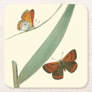 Dessous-de-verre Carré En Papier Papillons colorés flottant autour d'une feuille