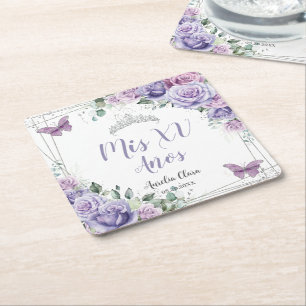 Dessous-de-verre Carré En Papier Papillons floraux Lilac pourpre Quinceanera Faveur