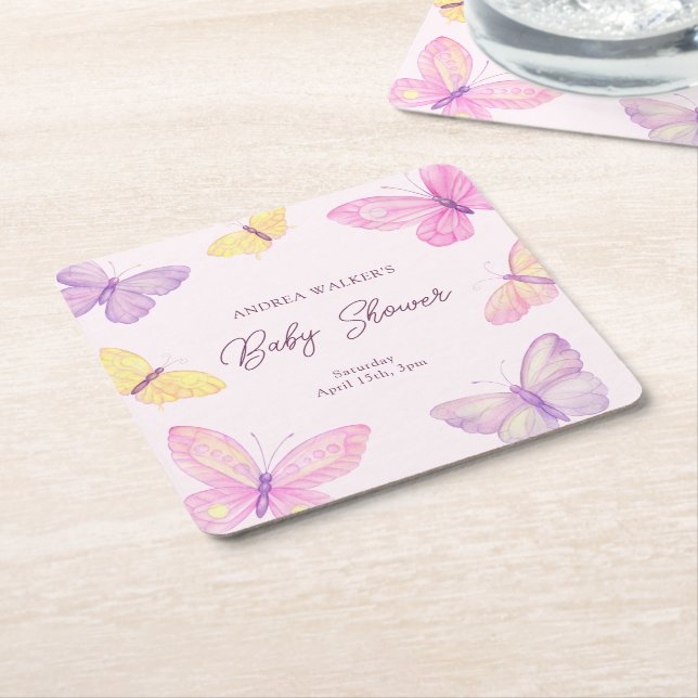 Dessous-de-verre Carré En Papier Papillons Pastel Baby shower rose violet (Incliné)