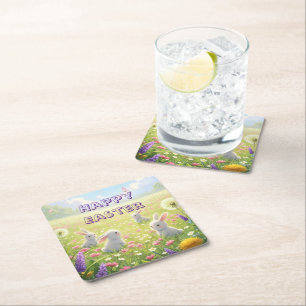 Dessous-de-verre Carré En Papier Pâques Lavande Mignon Lapin Blanc Floral Printemps