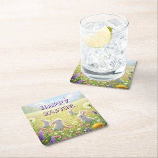Dessous-de-verre Carré En Papier Pâques Lavande Mignon Lapin Blanc Floral Printemps