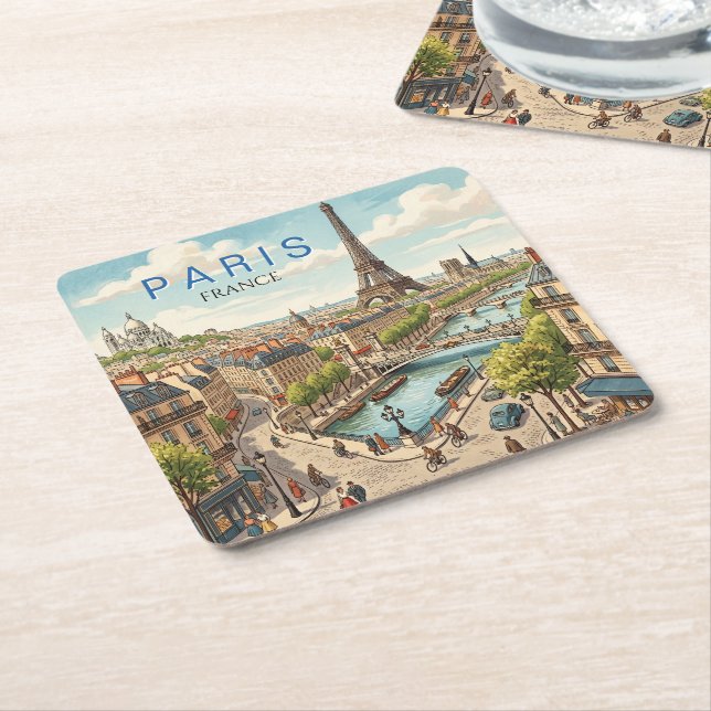 Dessous-de-verre Carré En Papier Paris France Voyage Art Rétro (Incliné)