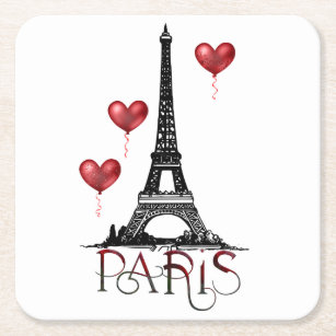 Dessous-de-verre Carré En Papier Paris, Tour Eiffel et Ballons du Coeur Rouge