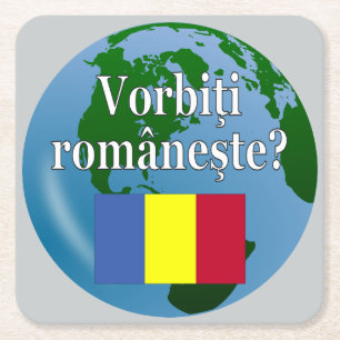 Dessous-de-verre Carré En Papier Parlez-vous roumain ? en roumain. Drapeau et globe