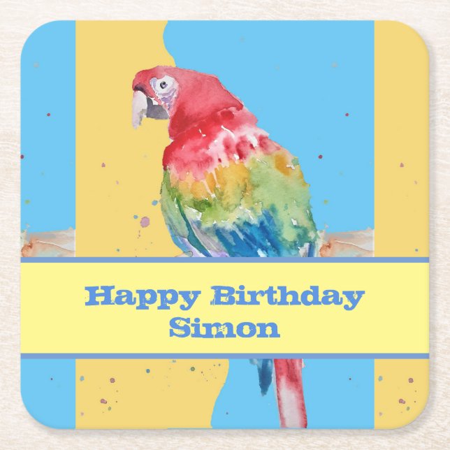 Dessous-de-verre Carré En Papier Parrot Macaw Blue Bird Birthday Boys Homme Nom (Devant)