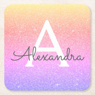 Dessous-de-verre Carré En Papier Parties scintillant arc-en-ciel et étincelle Monog