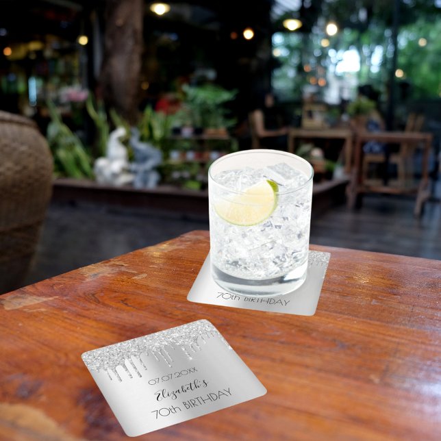 Dessous-de-verre Carré En Papier Parties scintillant argent goutte nom anniversaire (Créateur téléchargé)