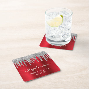 Dessous-de-verre Carré En Papier Parties scintillant argent gouttes rouge huile 50e