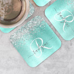 Dessous-de-verre Carré En Papier Parties scintillant argentée turquoise en métal br<br><div class="desc">Personnalisez facilement ce design de dessous de verre en papier chic et tendance,  avec une jolie parties scintillant brillante en argent sur un arrière - plan métallique brossé turquoise.</div>