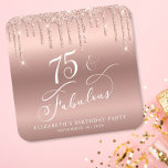 Dessous-de-verre Carré En Papier Parties scintillant d'or rose 75e fête d'anniversa<br><div class="desc">Dessous de verre personnalisés chic pour sa fête de 75e anniversaire avec "75 & Fabulous" dans un script de calligraphie blanche,  un arrière - plan rose de faux feuille d'or et rose goutte-à-goutte parties scintillant d'or faux.</div>