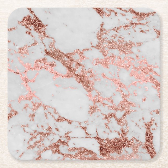 Dessous-de-verre Carré En Papier Parties scintillant d'or Rose en marbre moderne (Devant)