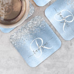 Dessous-de-verre Carré En Papier Parties scintillant en argent brossé bleu Nom du m<br><div class="desc">Personnalisez facilement ce design de dessous de verre en papier chic et tendance,  avec une jolie parties scintillant brillante en argent sur un arrière - plan métallique brossé bleu.</div>