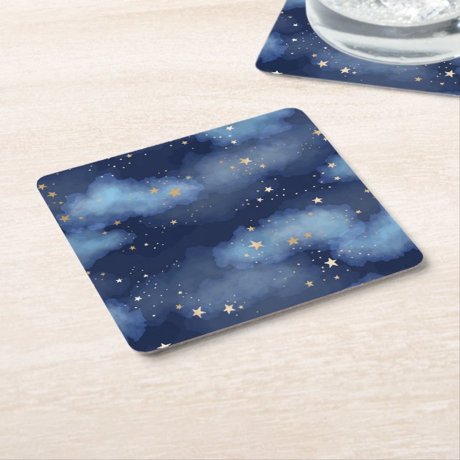 Dessous-de-verre Carré En Papier Parties scintillant Gold Stars Dark Blue Sky Motif (Incliné)