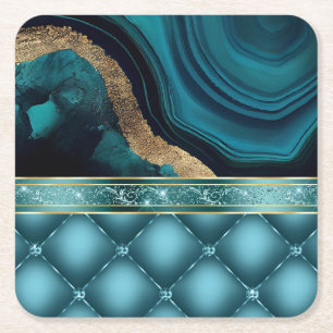 Dessous-de-verre Carré En Papier Parties scintillant or Turquoise Agate Marbre Diam