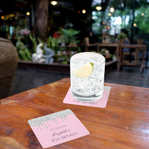 Dessous-de-verre Carré En Papier Parties scintillant rose argent gouttes nom annive