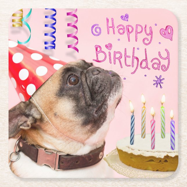 Dessous-de-verre Carré En Papier Party Pug and Birthday Cake Cute (Devant)