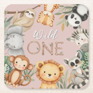 Dessous-de-verre Carré En Papier Pastel Tropical Wild One Jungle Safari Animaux