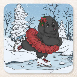 Dessous-de-verre Carré En Papier Patinage sur glace Terre-Neuve chiot hiver merveil
