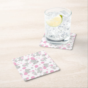 Dessous-de-verre Carré En Papier Pattern of Elephants, Cute Elephants - Pink Gray