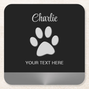 Dessous-de-verre Carré En Papier Paw Chien Argent sur arrière - plan noir