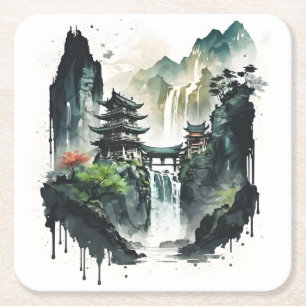 Dessous-de-verre Carré En Papier Paysage antique de l'encre chinoise avec cascade