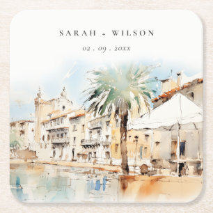 Dessous-de-verre Carré En Papier Paysage aquarelle de mariage à Majorque, Espagne
