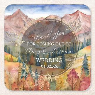 Dessous-de-verre Carré En Papier Paysage aquarelle de montagne Destination mariage
