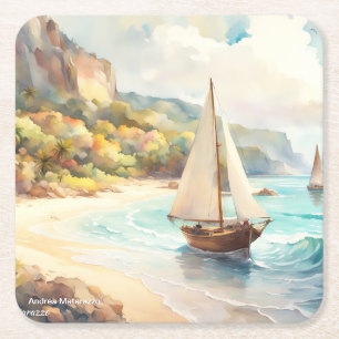 Dessous-de-verre Carré En Papier Paysage avec mer et voiliers