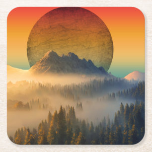 DESSOUS-DE-VERRE CARRÉ EN PAPIER PAYSAGE DE COUCHER DE SOLEIL NATURE FORET AUBE MON