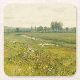 Dessous-de-verre Carré En Papier Paysage de prairie étendu avec oies